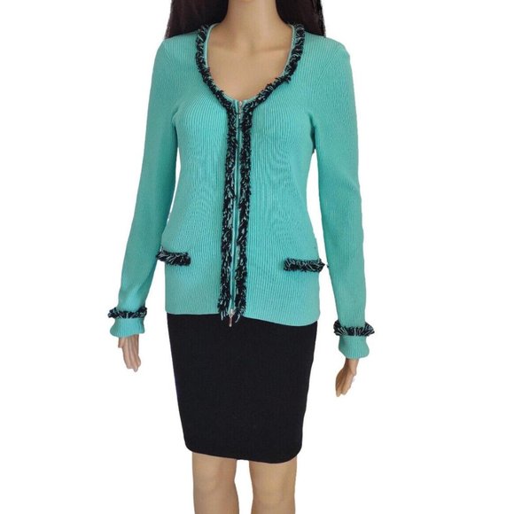 Cache Aqua Black Fringe Ribbed Zip Cardigan Sweater 6 S M - Picture 7 of 9